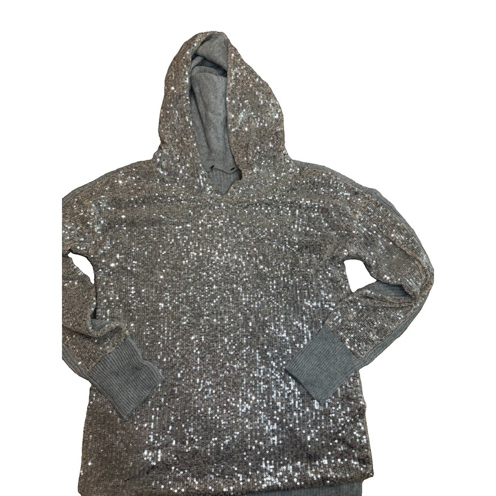 Gray Silver Sequin Hoodie Sweater M Sparkle Pullover Holiday Party